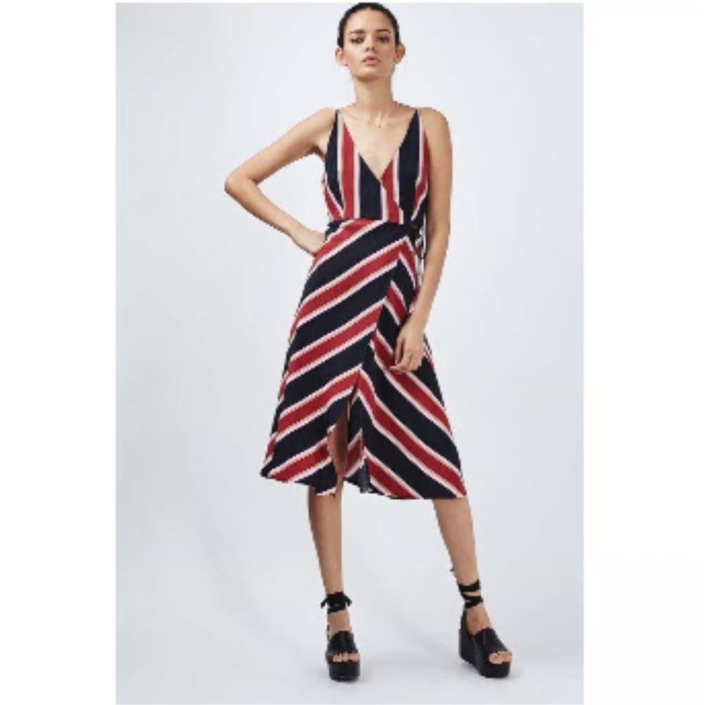 Top Shop Striped V-Neck Midi Wrap Dress - Red and Black